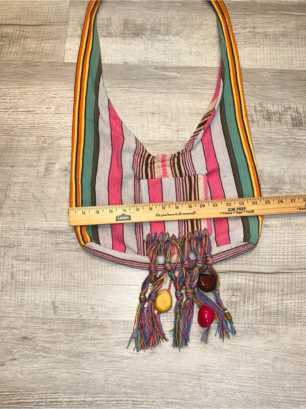 Boho Striped Retro Chic Cotton Beaded Tassel Sling Bag in Pink, Green & Yellow